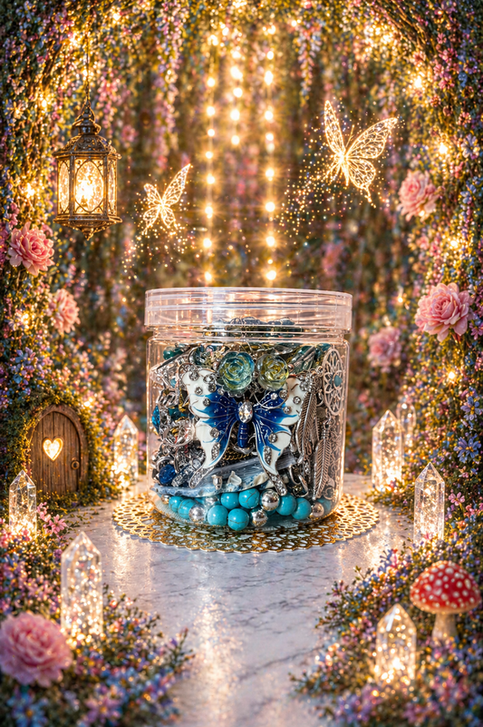 💙🦋 Blue Forest Fairy Jewelry Jar – 30+ Silver-Tone Pieces ✨