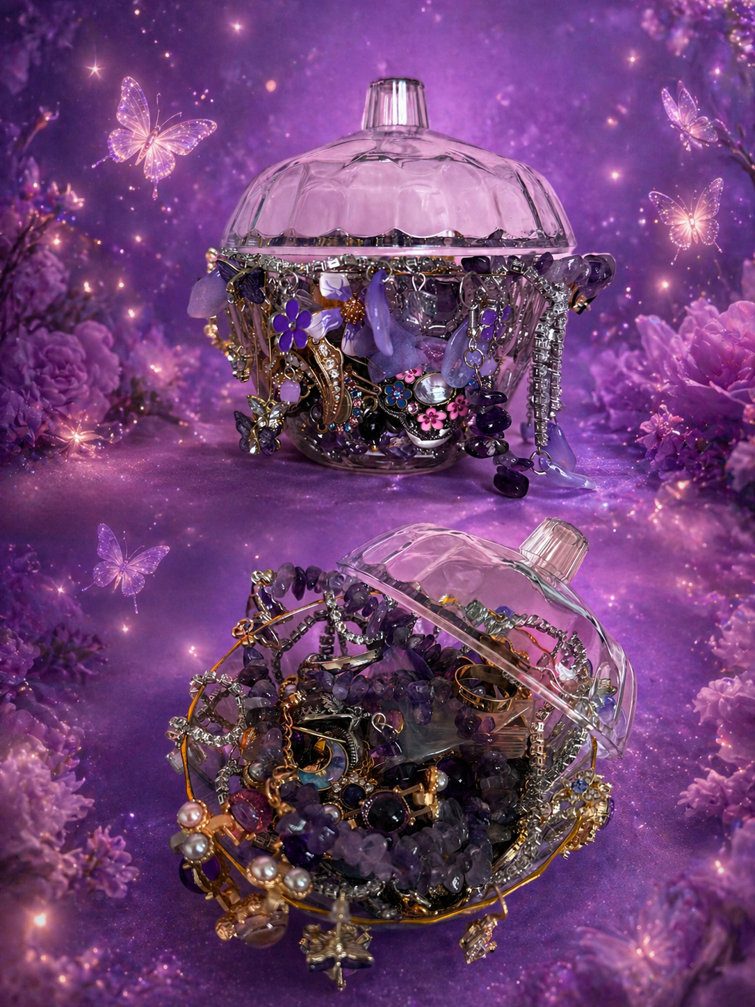 💜🌙 Pot à bijoux "Violette mystique" – Plus de 30 pièces ✨🧚‍♀️