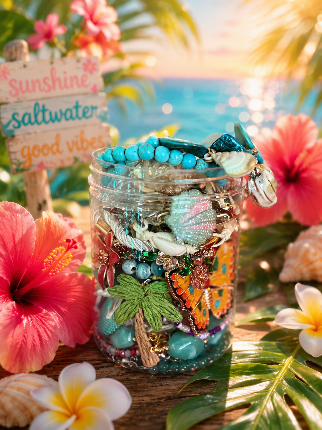 🌴☀️ Tropical Summer Treasure Jewelry Jar – 40+ Pieces 🍍🌺