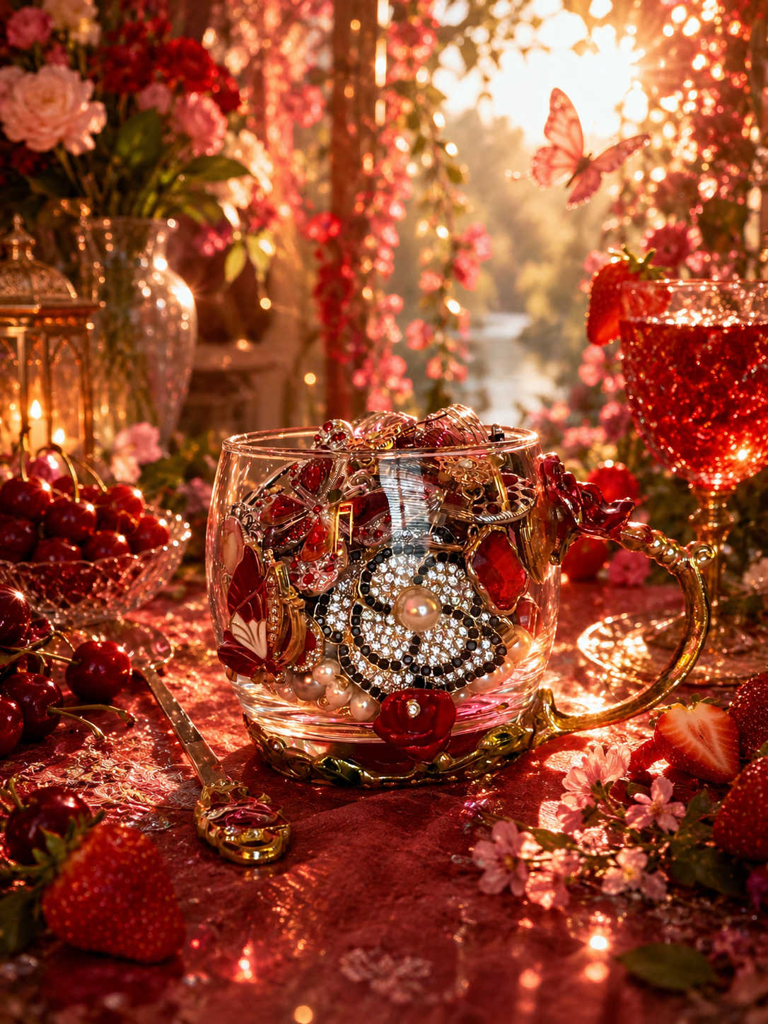 🍒 Red Fairy Mystery Jewelry Tea Cup | 25+ Sparkly Treasures ❤️🖤✨