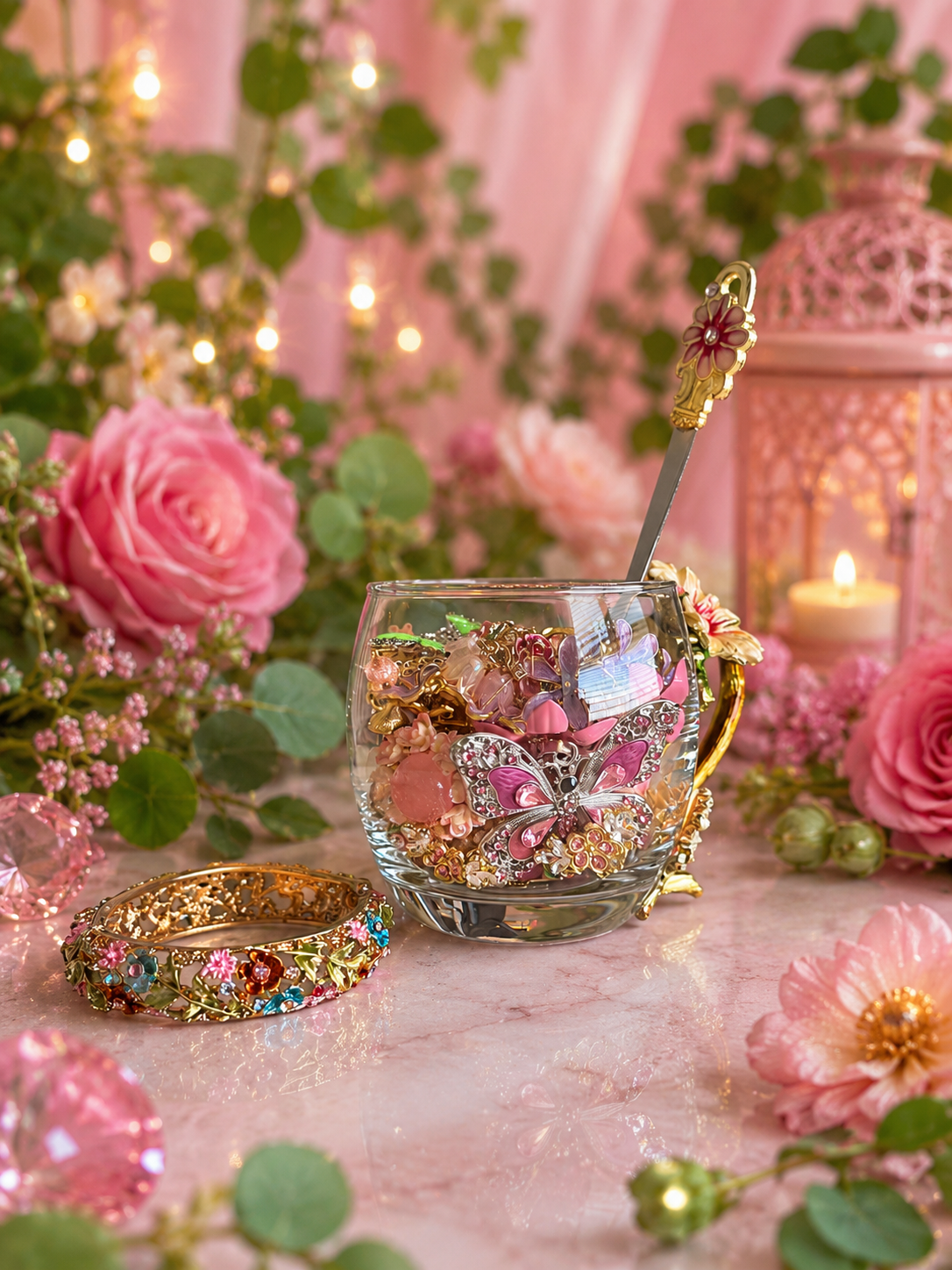 🌸 Secret Garden Jewelry Tea Cup 🌿 – 35+ Pieces + Sterling Silver 💍✨