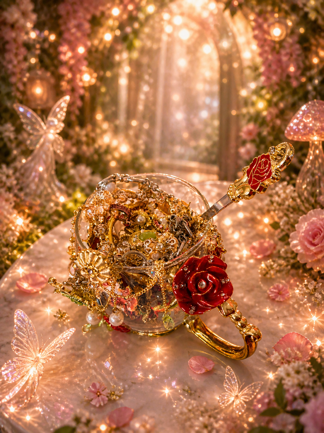 🌹🫖Ensemble de tasses à thé en cristal « Jardin des papillons » – Plus de 30 pièces (avec cuillère) ✨