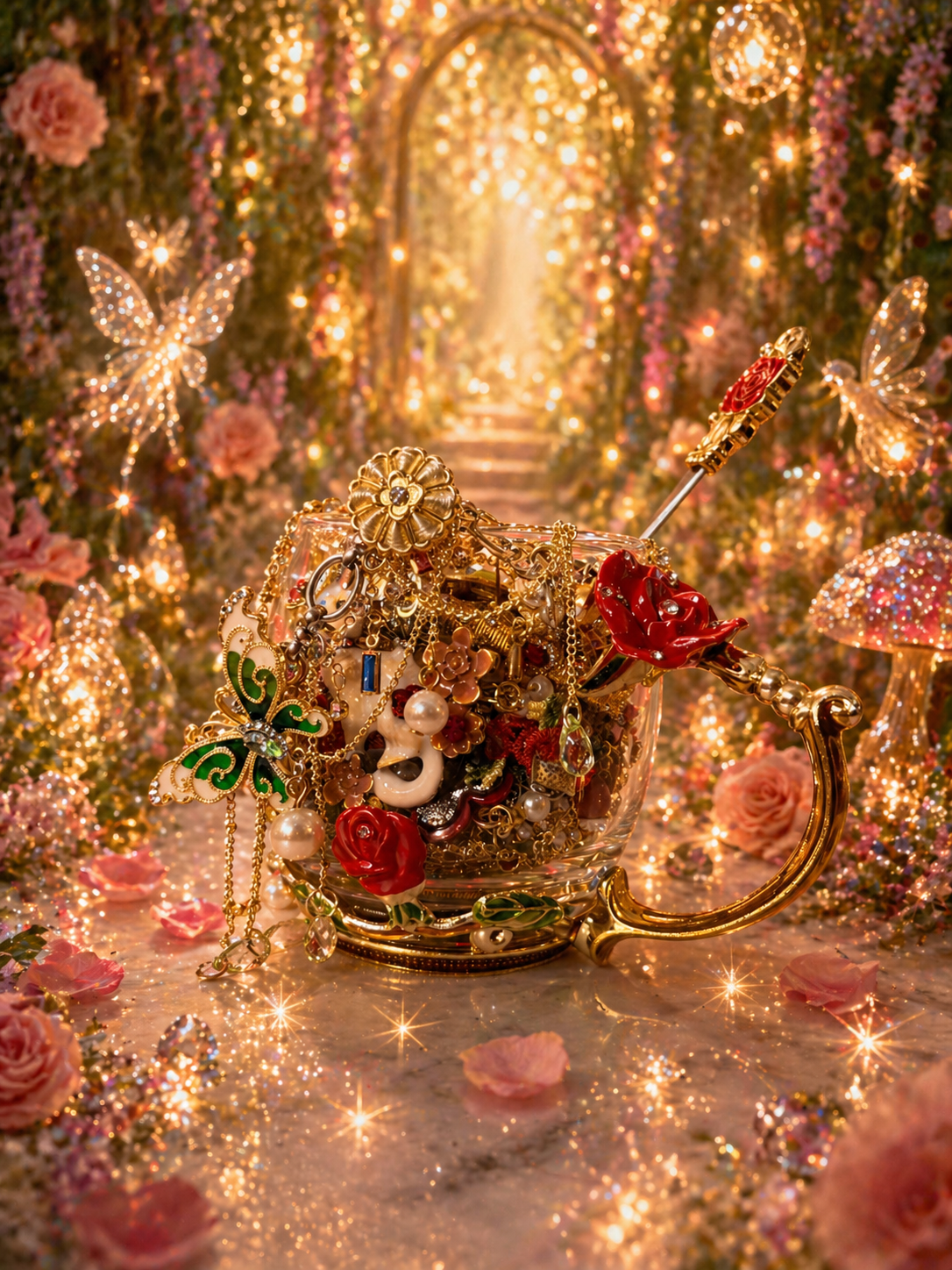 🌹🫖Ensemble de tasses à thé en cristal « Jardin des papillons » – Plus de 30 pièces (avec cuillère) ✨