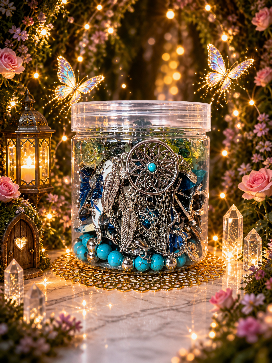 💙🦋 Pot à bijoux Fée de la Forêt Bleue – Plus de 30 pièces argentées ✨
