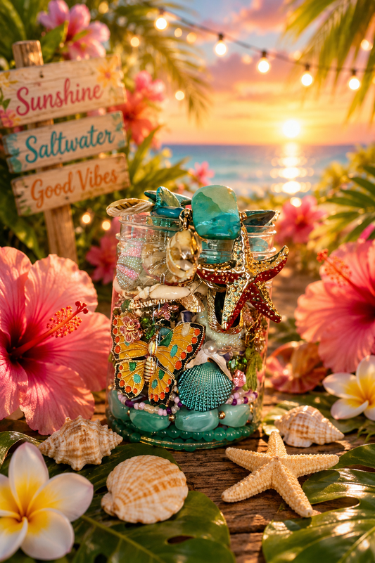 🌴☀️ Tropical Summer Treasure Jewelry Jar – 40+ Pieces 🍍🌺