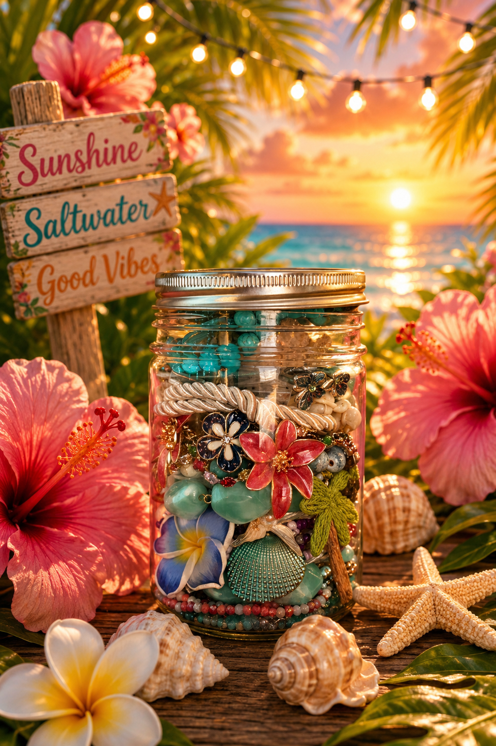 🌴☀️ Tropical Summer Treasure Jewelry Jar – 40+ Pieces 🍍🌺