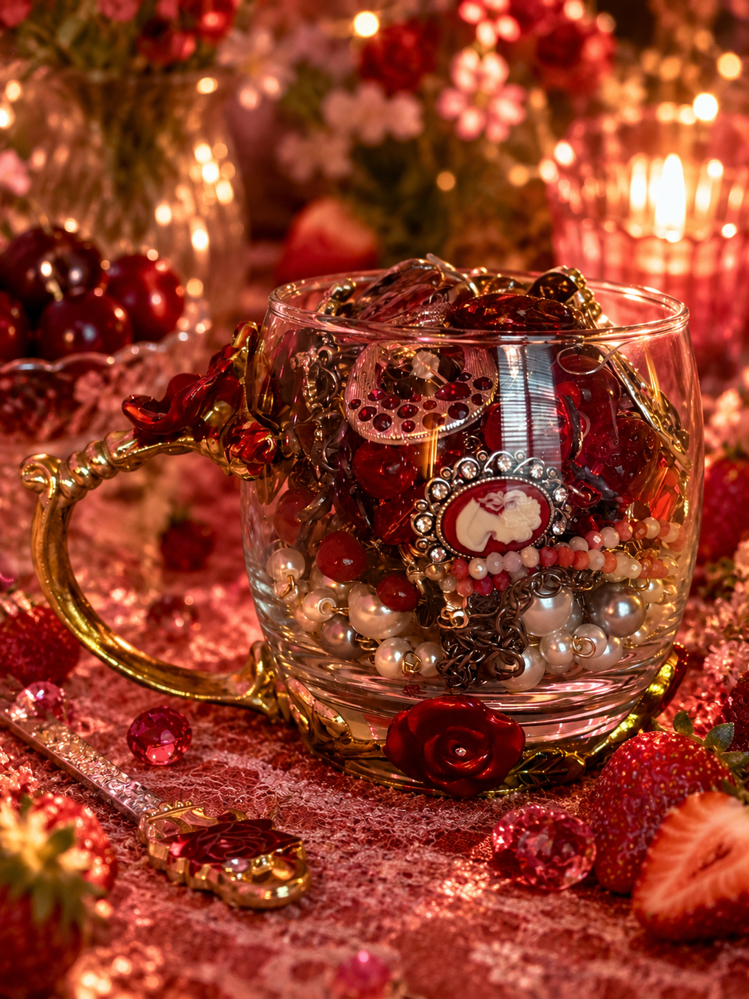 🍒 Red Fairy Mystery Jewelry Tea Cup | 25+ Sparkly Treasures ❤️🖤✨